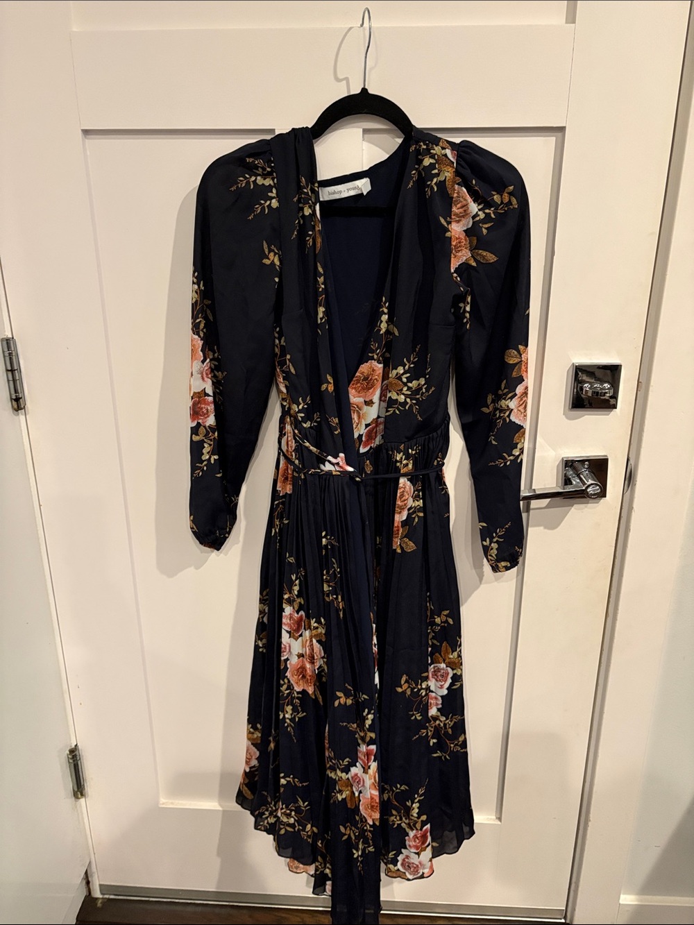 bishop + young Navy Floral Wrap Midi Dress with Pink and Brown Roses